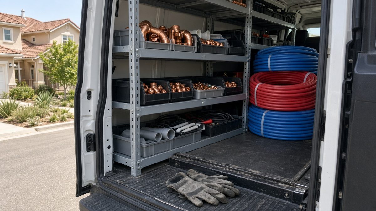 Inside the Aliso Viejo Plumbing Pros work van, stocked with PEX and fittings